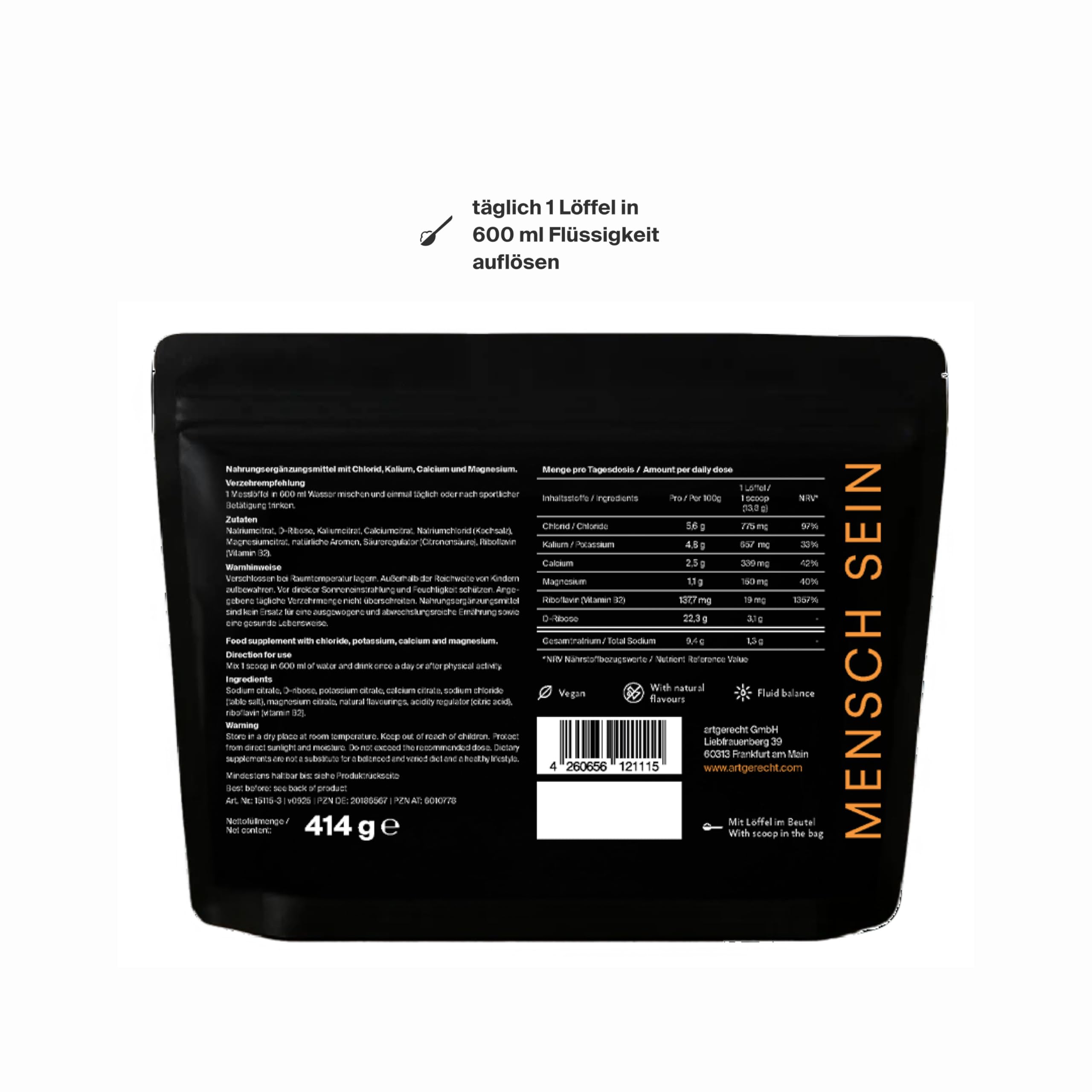 Elektrolytpulver PLUS mit D-Ribose & Orangen Geschmack 414 g / 30 Portionen | Für Hydration, Regeneration & Muskelfunktion | Isotonisch mit Natrium, Kalium, Magnesium, Calcium & Chlorid