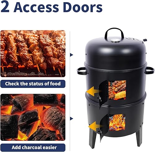 Miniatura 7 de Ahumador vertical de carbón de 16 pulgadas, mini parrilla de barbacoa, hoguera, 3 en 1 con termómetro integrado, ventilación de aire ajustable,