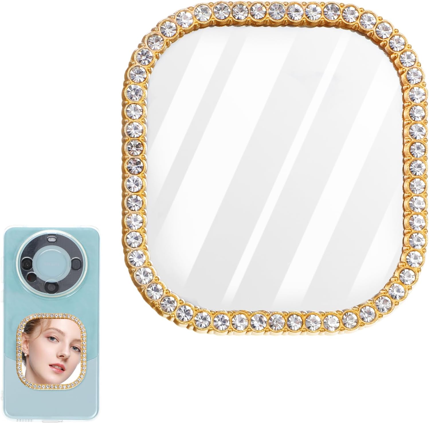 Phone Mirror Stick On, Square Phone Mirror with Adhesive Tape for Phones Case Gold Zinc Alloy Frame Bling Mirrors Decal Cellphone Stick-On Mirrors Smartphone Charm for Phones Back