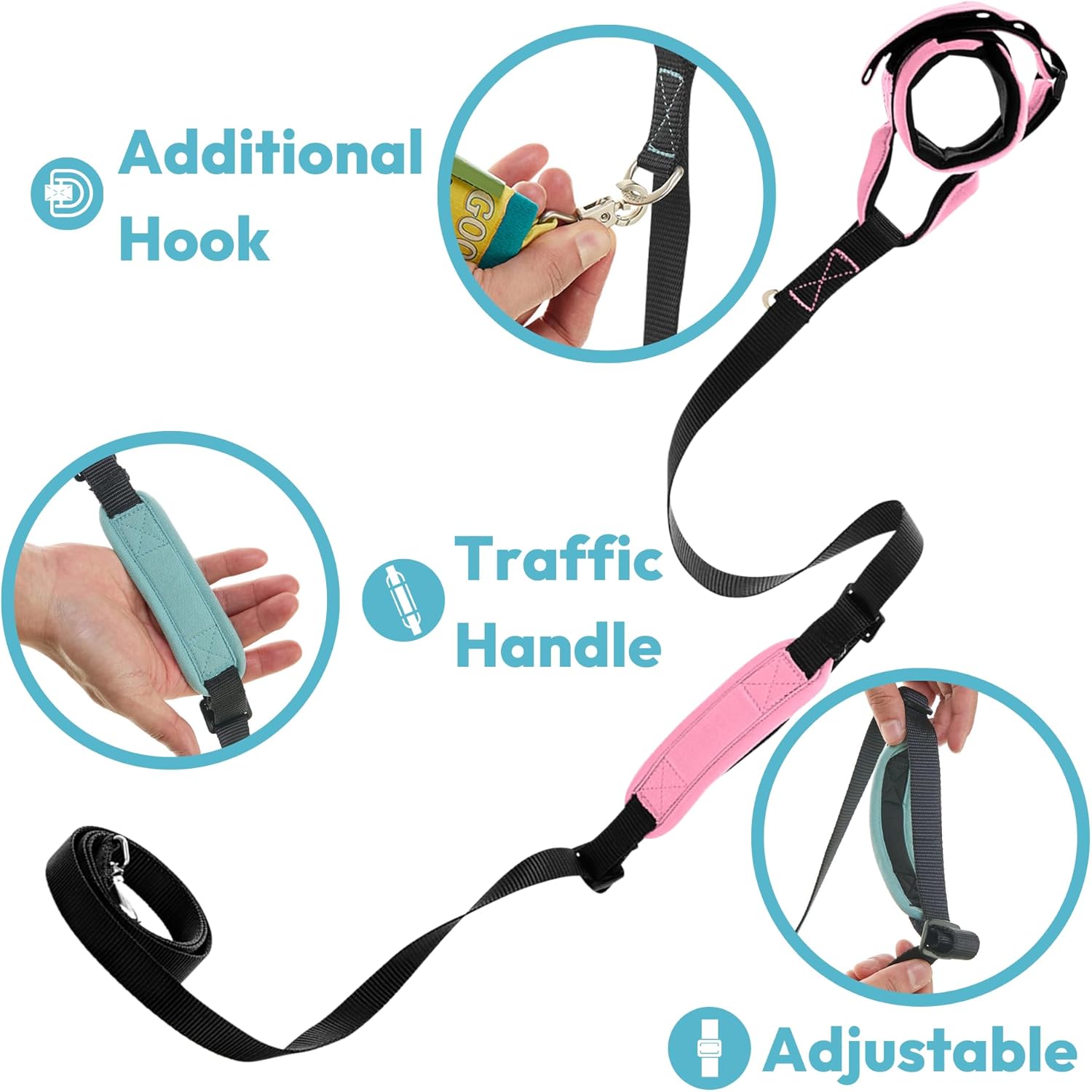 Gooby Wristband Surfer Leash with Traffic Handle - Flamingo Pink, 6 FT - Comfortable Handsfree Leash with Adjustable Dual Handle and Additional Hook
