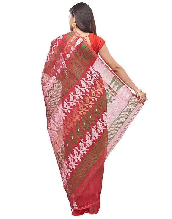 Buy Slice Of Bengal Light Weight Handloom Cotton Dhakai Jamdani Saree Sari For Women Red At Amazon In