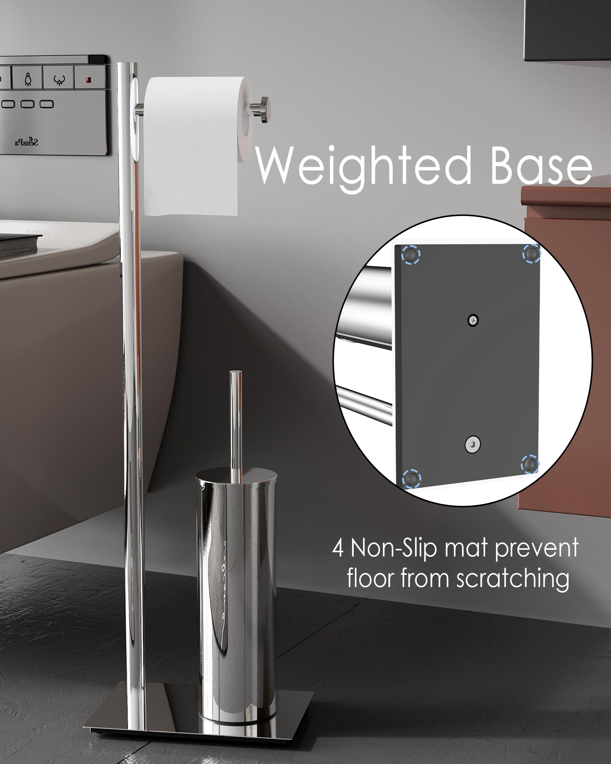 WZRUA Freestanding Toilet Roll Holder and Toilet Brush Holder Set, Chrome 304 Stainless Steel Toilet Paper Holder Stand - Image 4