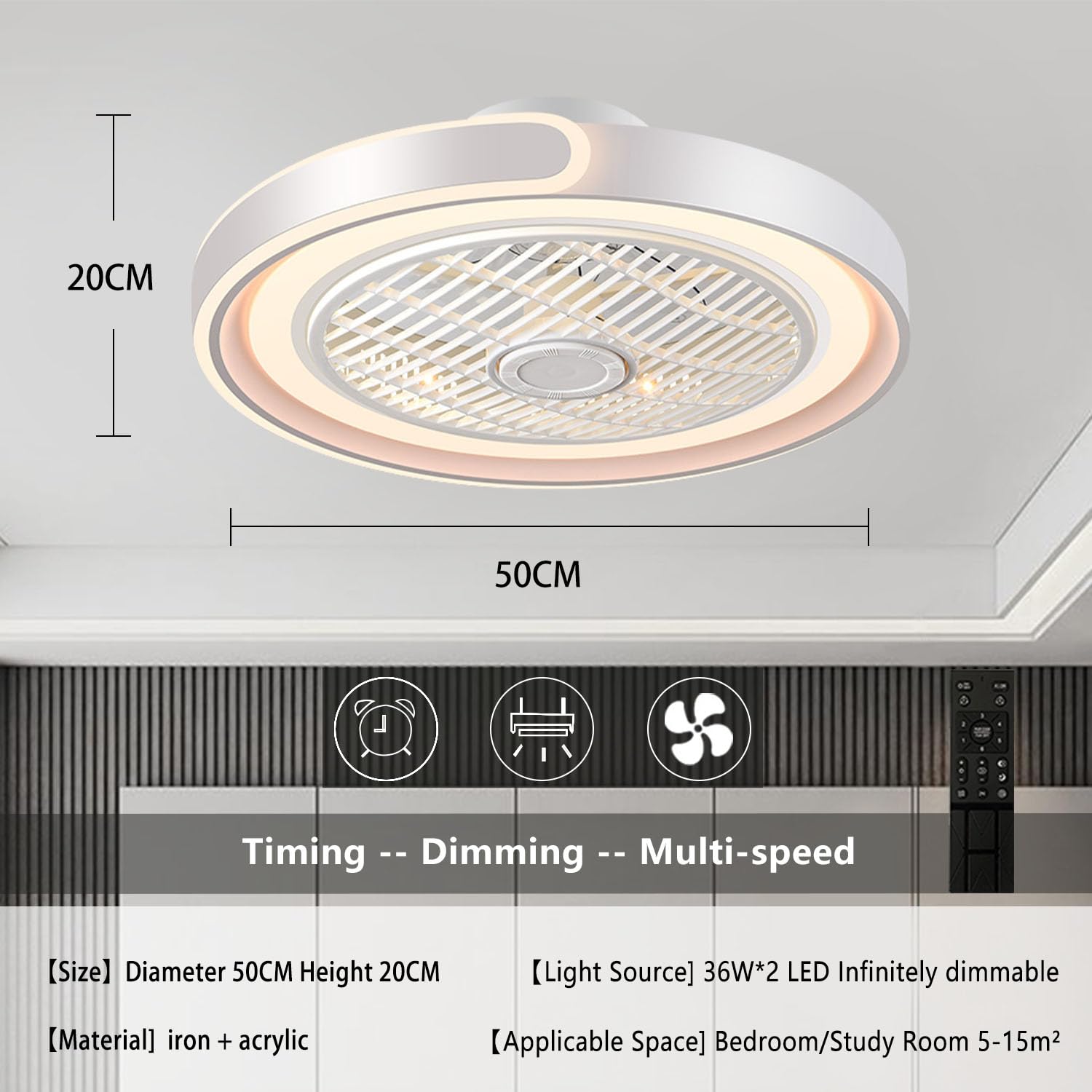 ASJK Deckenleuchte mit Ventilator, 72 W, 7200 lm, Dimmbar, App und Fernbedienung, 6-Gang, Timer, Weiß