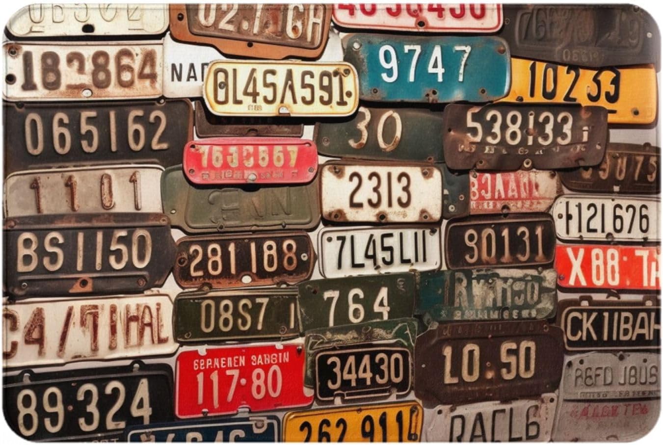 Old License Plate Doormat 16 X 24 Inch Non-Slip Absorbent Bath Rug Soft Washable Floor Mat Carpet for Stylish Kitchen Bedroom Bathroom Decor