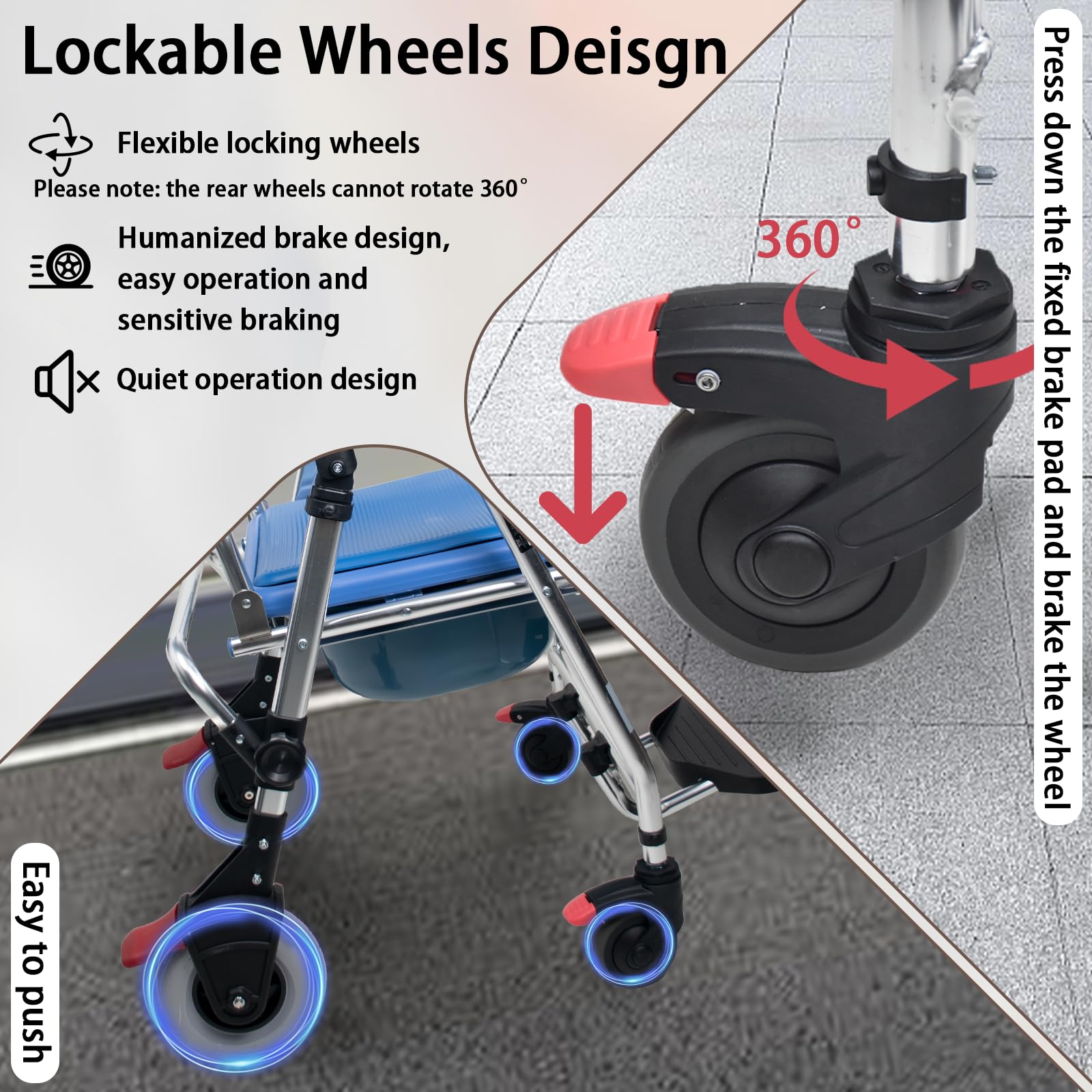 Sedia Comoda WC per Anziani con Rotelle, 3-in-1 Sedia a Rotelle con WC per Anziani Pieghevole, Blu Sedia Doccia Disabili con Ruote, Lega di Alluminio Impermeabile