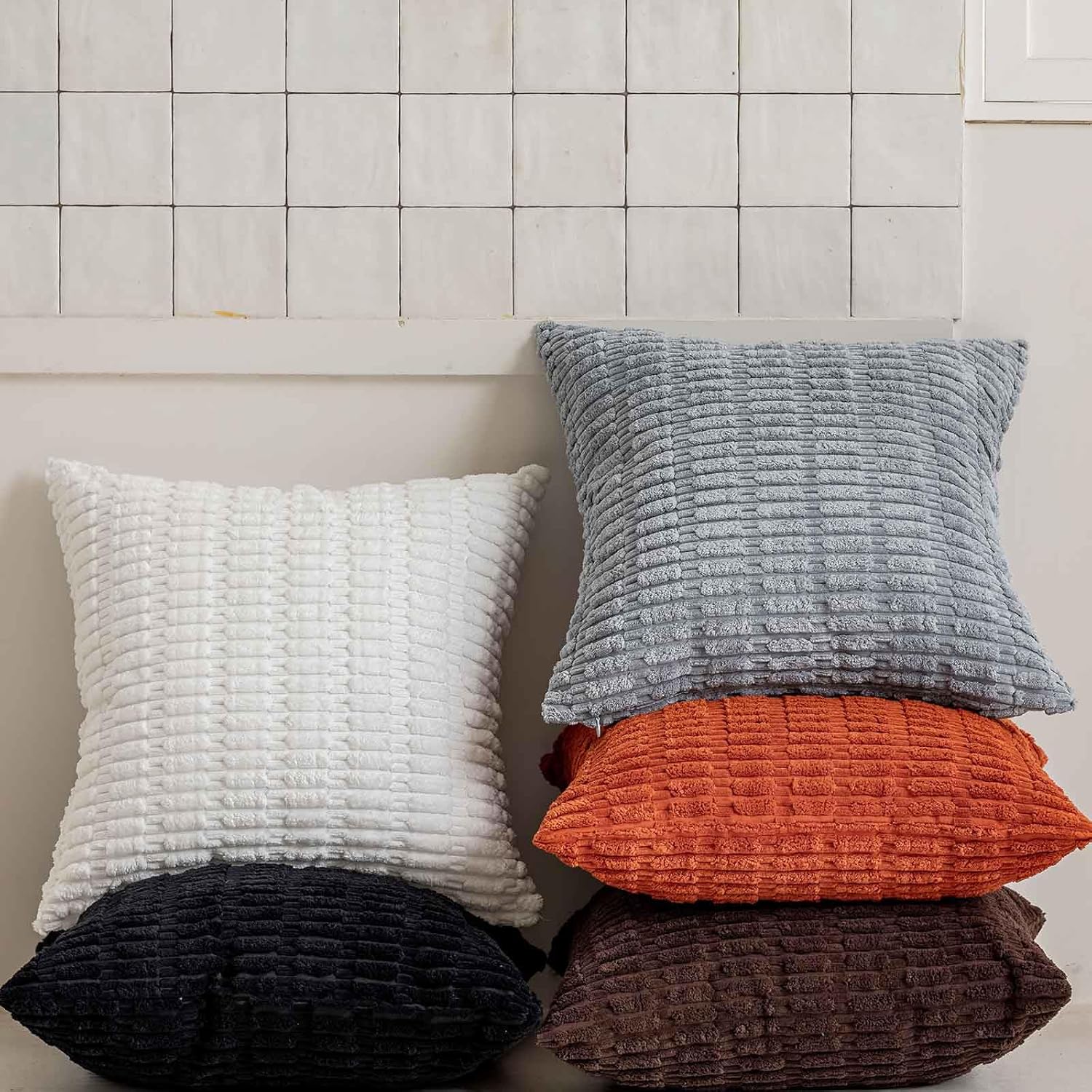 JUSPURBET White Soft Corduroy Throw Pillow Covers 26x26 inch Set of 2 with Invisible Zipper for Sofa Couch Bed Christmas Decorative Boho Solid Square Striped Cushion Covers