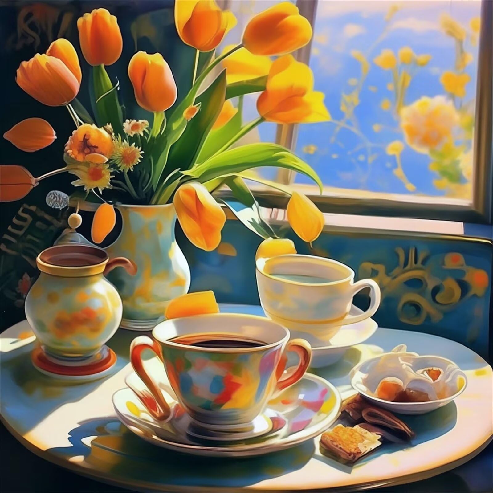 Dipingere con i Numeri per Adulti,Tè del pomeriggio DIY Dipingi con i Numeri Kit con Pennelli e Pigmento Acrilico per Principianti Paint by Numbers artigianato per Casa Decor,con telaio 80x80cm