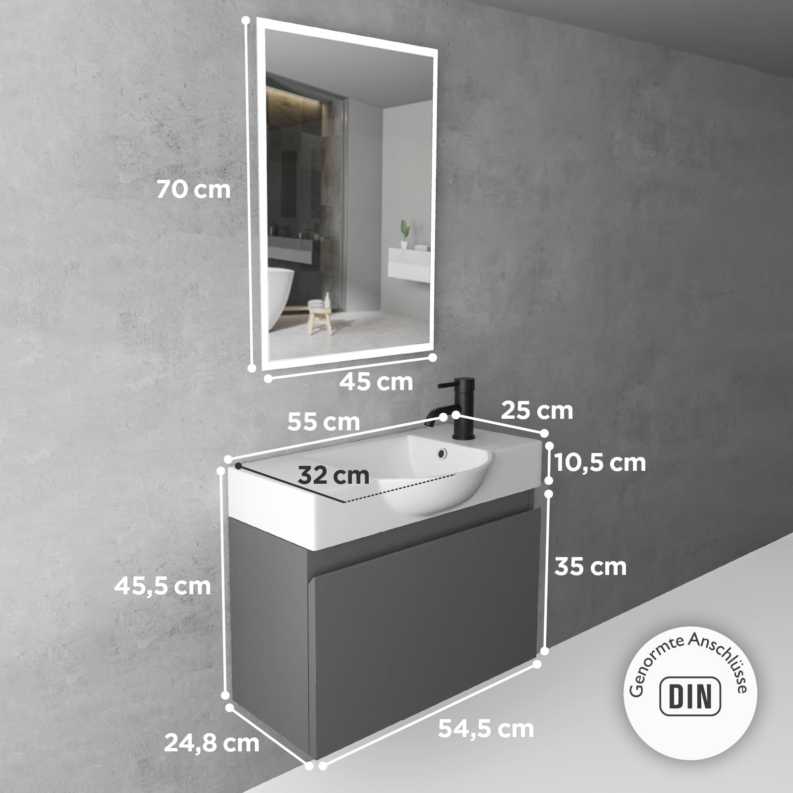 Alpenberger Badmöbel Set mit Waschbecken | Badschrank Hängend | Waschtisch mit Unterschrank | Badezimmerschrank mit Spiegel | Badmöbel für Kleine Bäder + Gäste WC | Waschtischunterschrank Anthrazit