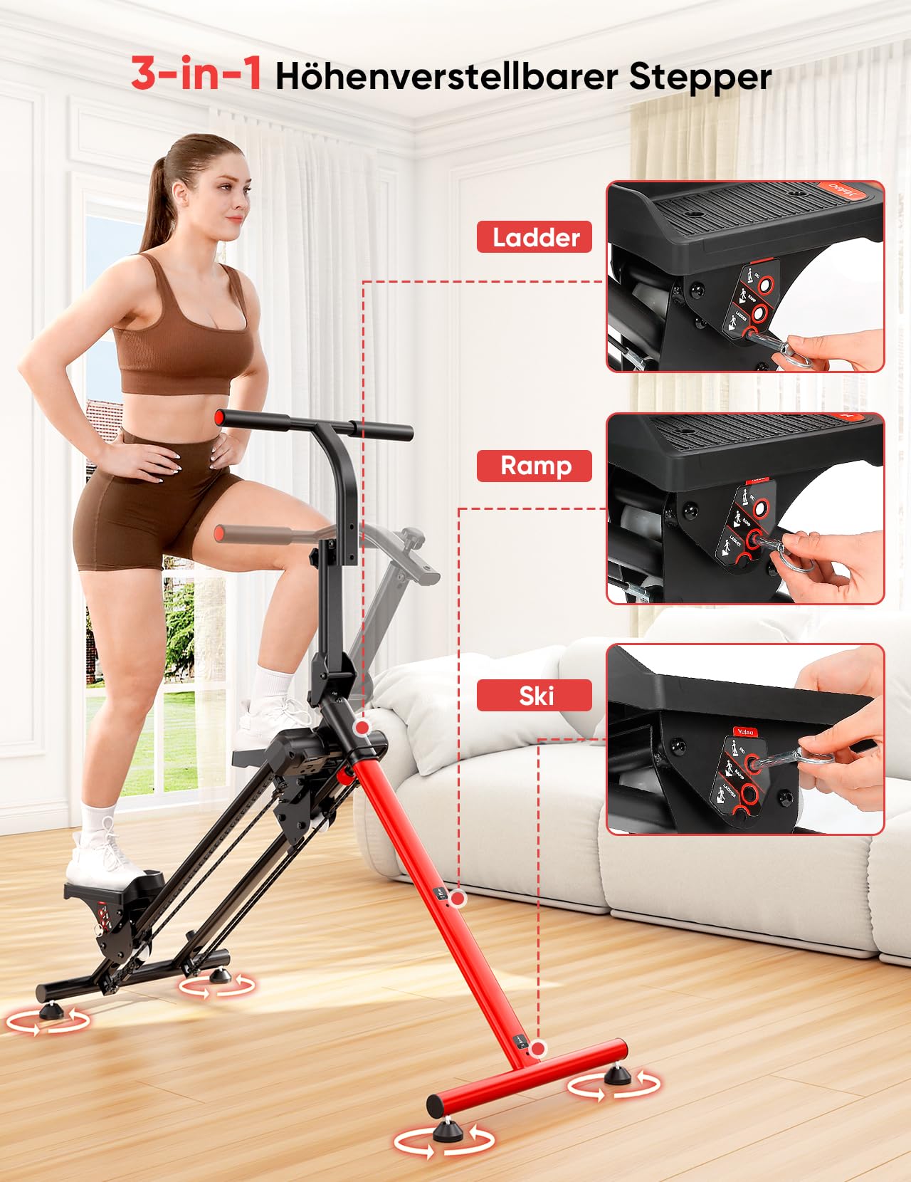 Treppenstepper Trainingsgerät, Verstellbarer Treppensteiger mit 3 Workout-Modi, klappbarer Cardio-Stairmaster mit Ski-Modus & übergroßem Pedal, 90% vormontierter Treppensteiger mit Lenker