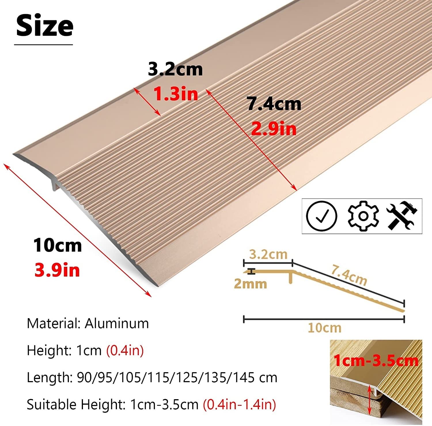 Tira de transición de piso de metal 90 cm - 150 cm para pisos irregulares de entrada, Tiras de transición de aluminio para alfombra a azulejo, Tira de borde de borde de piso de madera a azulejo ( Co