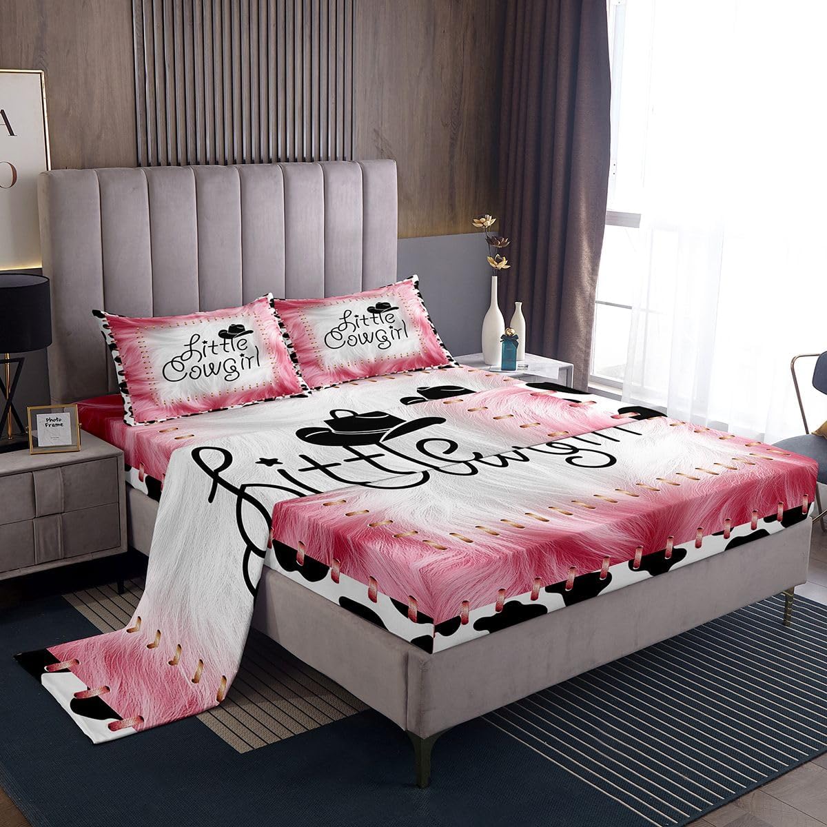 Feelyou Pink Cowgirl Sheets with Deep Pocket Fitted Sheet Western Hat Printed Sheet Set Pink and White Cow Fur Cowboy White Black Bed Sheets Set Room Decor Queen Size with 2 Pillow Case