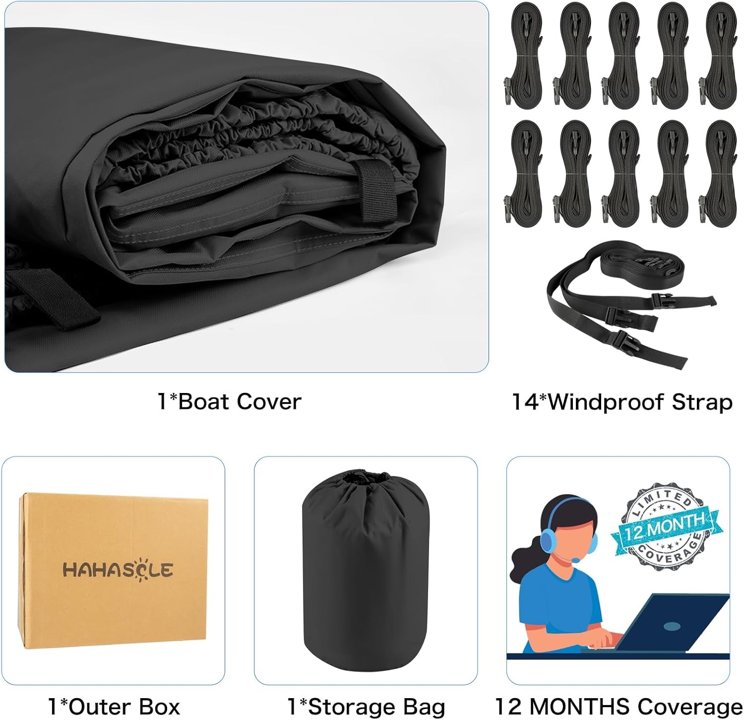 Heavy Duty 1200D PU Waterproof Boat Cover, 20'- 22' Trailerable Marine Grade Polyester Canvas, Fits 20-22ft V-Hull, Bass Boat, Runabout, Ski, Fishing Boat with Tightening Strap, Black