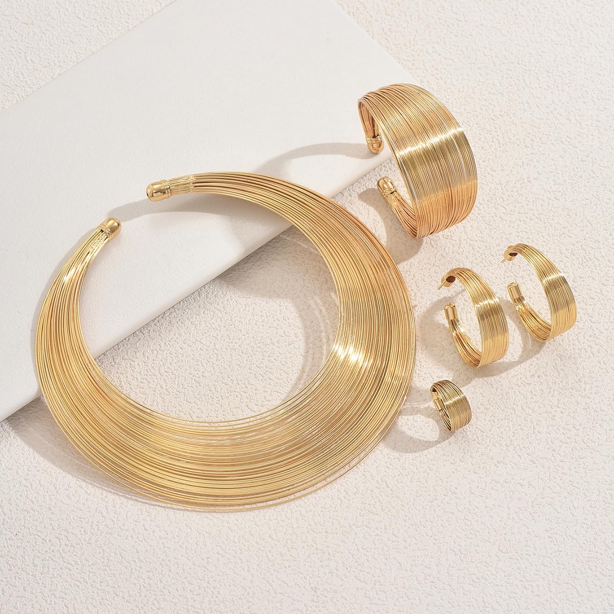 Gold African Jewelry Set for Women Gold Silver Hoop Choker Chunky African Necklace Earrings Ring Bracelet Set Wedding Prom Jewelry - Image 4