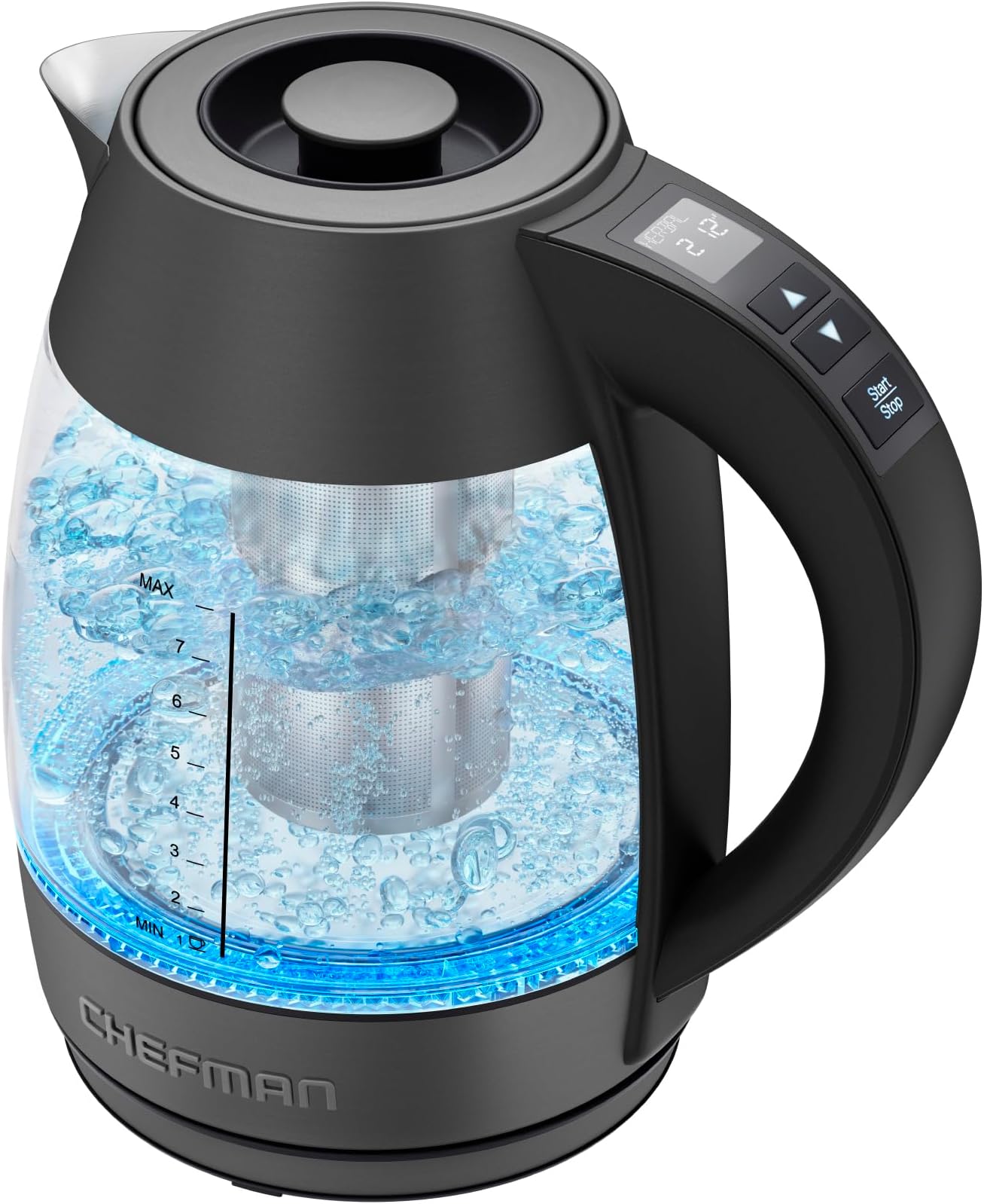 Chefman Digital Electric Kettle with Rapid 3 Minute Boil Technology, Custom Steep Timer and Temperature Presets, Bonus Tea Infuser, Rust and Discoloration Proof, 1.8 Liter, Matte Black, 1500W