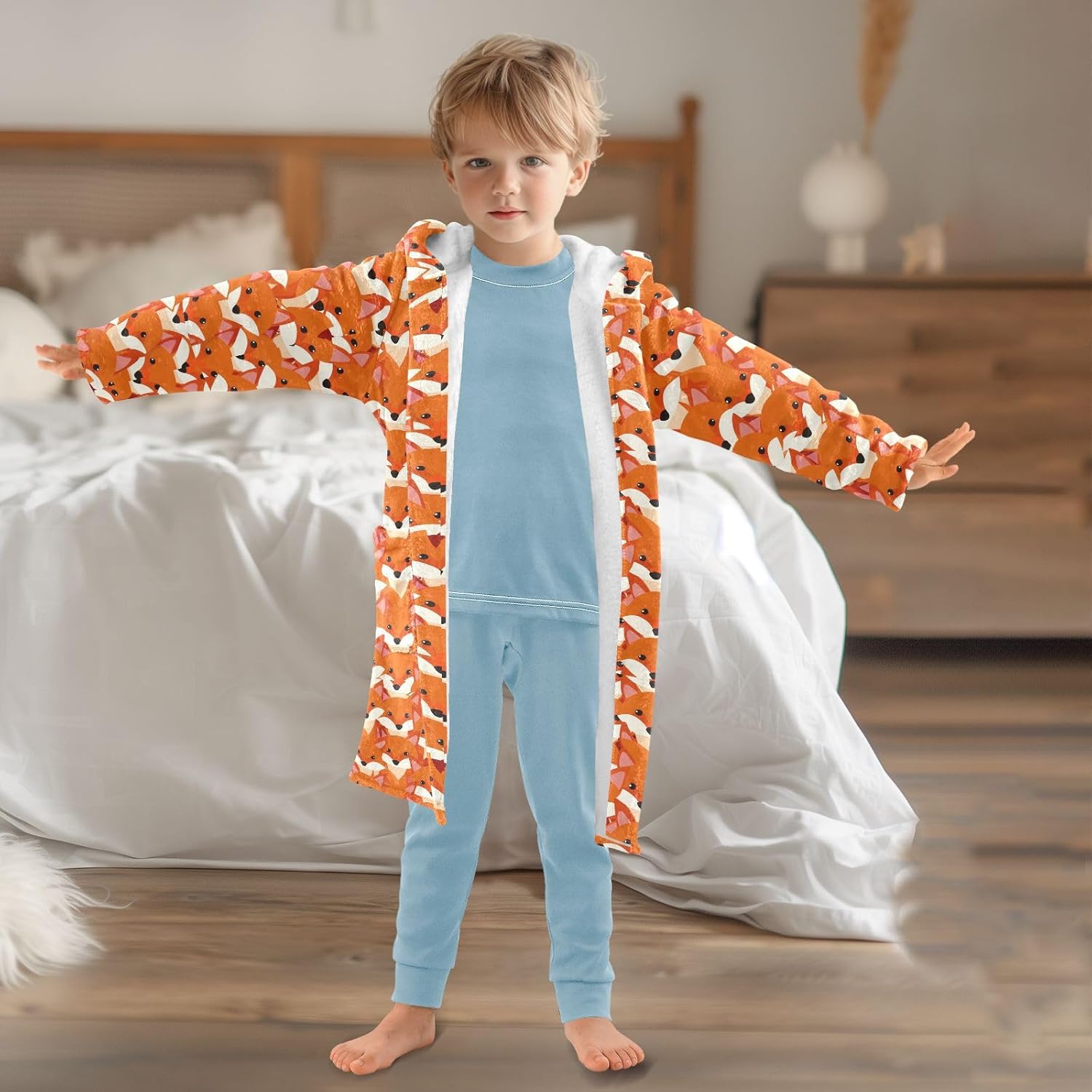 senya Fox Head Toddler Hooded Bathrobe Kids Soft Plush Bath Towel Robes for Boys Girls 2-12 Years