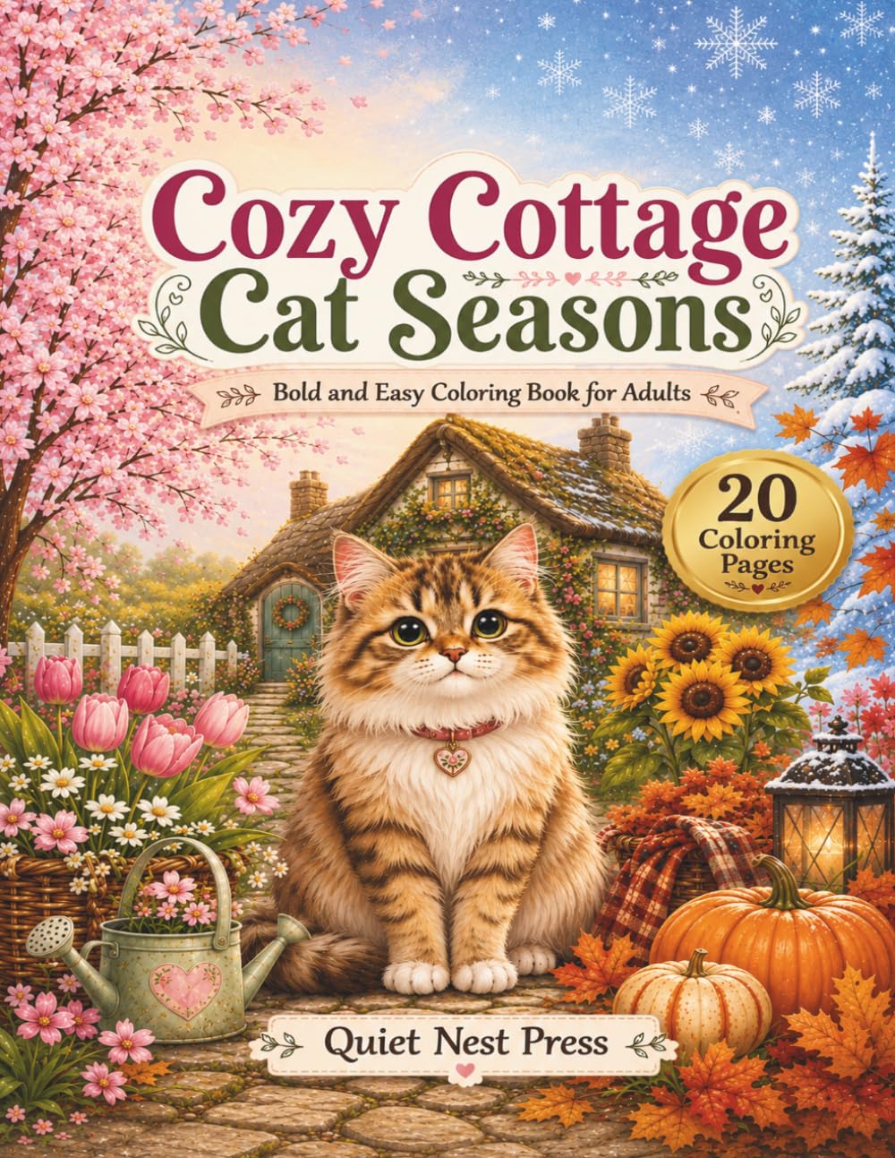Cozy Cottage Cat Seasons: Bold and Easy Coloring Book for Adults