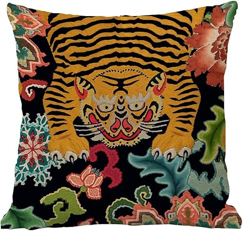 Miniatura 3 de Funda de cojín decorativa de tela de lino con diseño de tigre en tonos de rosa, verde y turquesa sobre un fondo negro, funda de cojín decorativa de