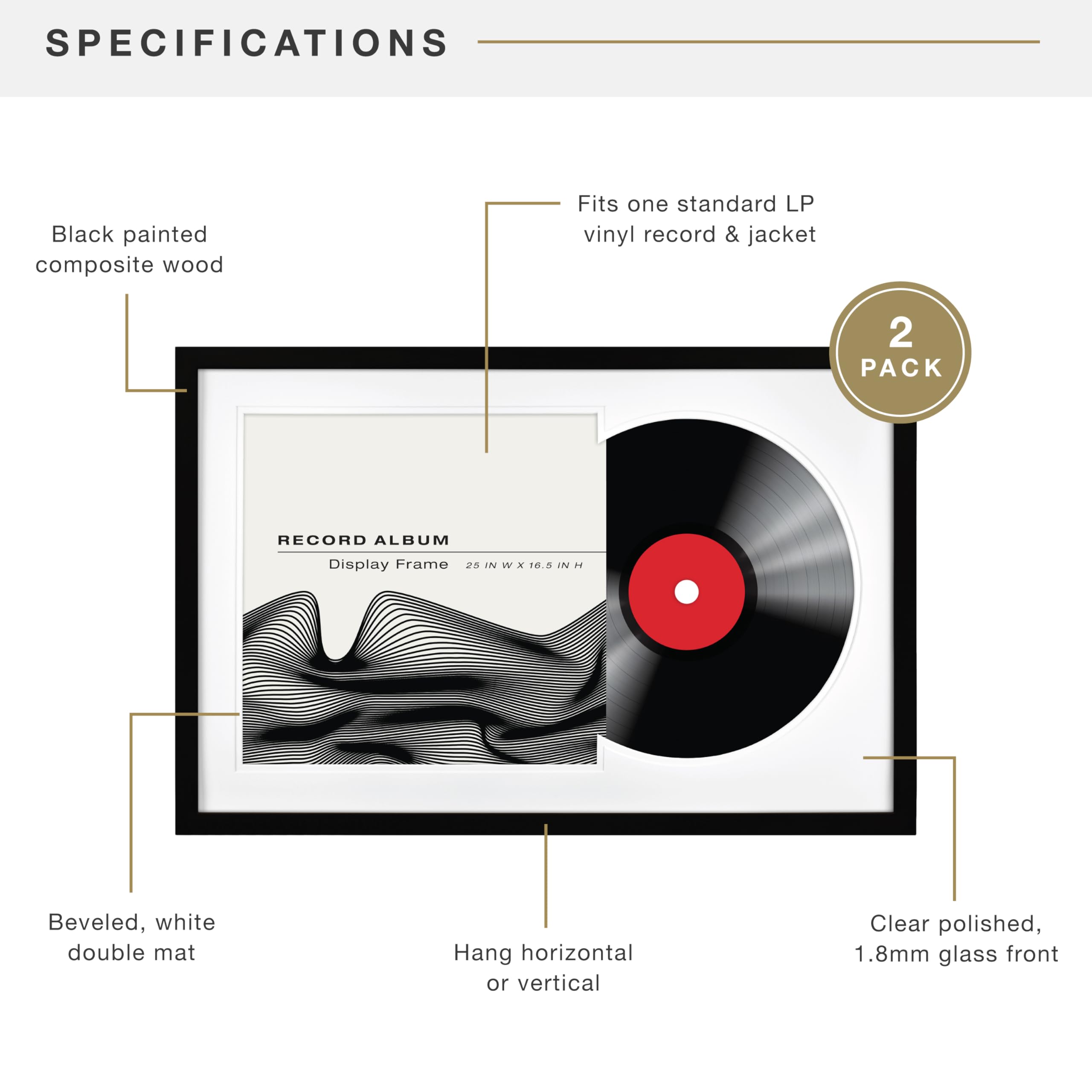 MCS Cornice doppia opaca per album, 16,5 x 25 cm, nera (confezione da 2) per dischi in vinile LP e espositore per copertine