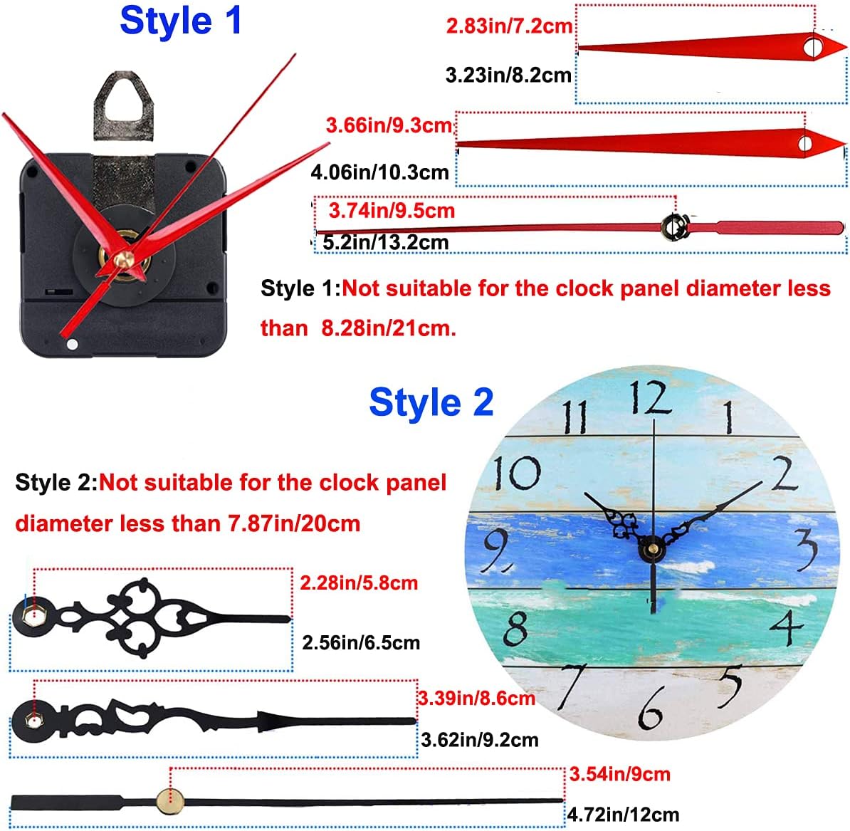 HILLHOME 2 Pack Non Ticking Wall Clock Movements Mechanism with 4 Pack of Hands Quartz Motor Kit DIY Repair Parts Replacement, 5/32 Inch Maximum Dial Thickness, 1/2 Inch Total Shaft Length