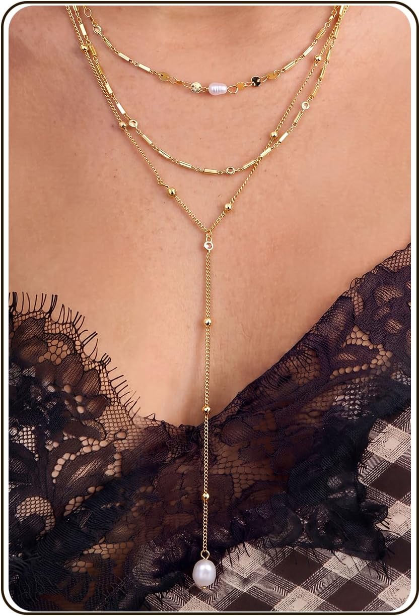 Krfy Gold Necklace Lariat Layered Necklaces for Women, Stackable Y-Shaped Pendant Necklace Trendy, Dainty 16K Gold Plated Long Zircon Pearl Drop Layered Necklace Jewelry Set