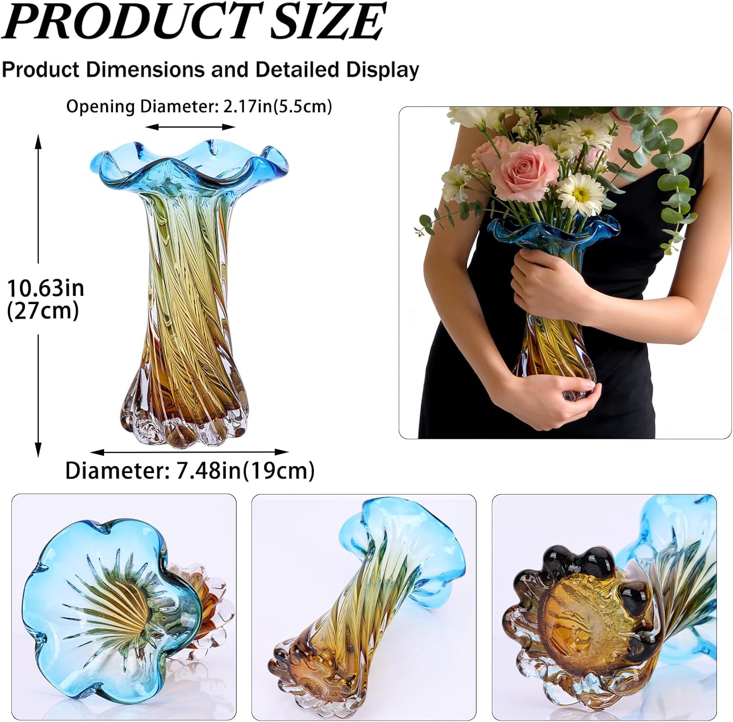 Hand Blown Glass Vase - Blue & Gold Gradient Unique Flower Vase for Centerpieces, Home Decor & Living Room Table Colored Glass Vase for Flowers