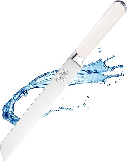 Sabatier Professional Broad Serrated Bread Kitchen Knife - 8in/20cm Full Tang Taper Ground Stainless Steel Blade, Cream Handle. Sharp for Longer, Lifetime Performance 25yr Guarantee