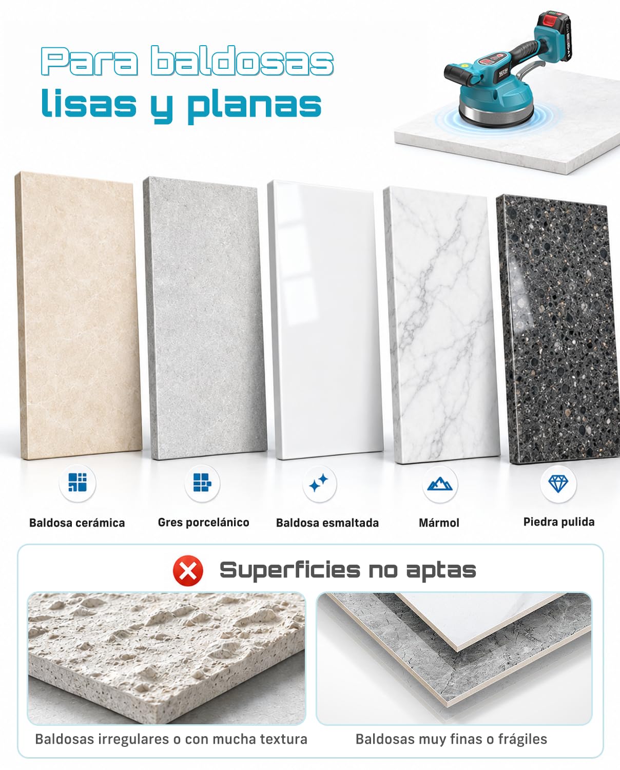 SEESII Máquina Vibradora Azulejos 160mm Para La Colocación De Azulejos | 2 Baterías 2000 mAh, Azulejos 30–150 cm, 28.000 RPM Anti-Burbujas, 10 H, 12 Vel., 159 Kg, Compatible Makita 18V