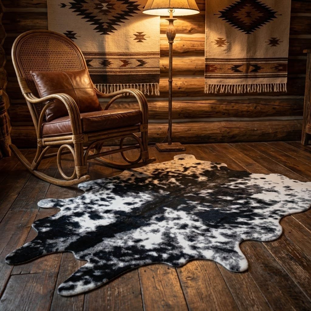 MustMat Faux Cowhide Rug Cow Print Rug Western Cowhide Area Rugs for Living Room (Black and White, 5.2ft x 6.6ft)
