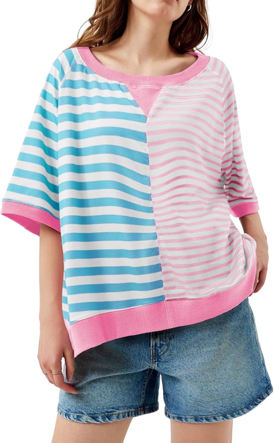 Tankaneo Womens Oversized T Shirts Summer Short Sleeve Striped Color Block Loose Fit Tops 2025 Trendy Clothes - Image 2