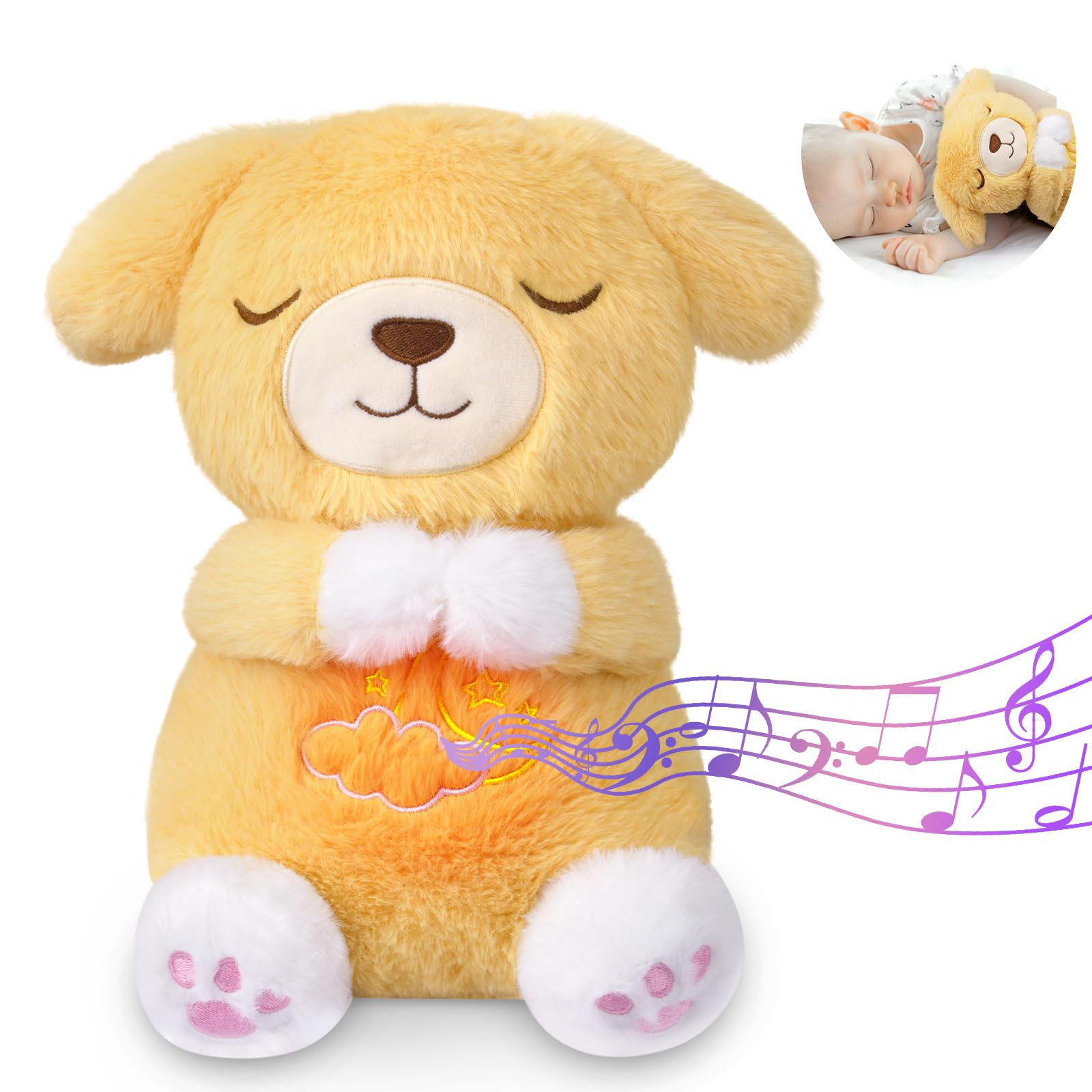 Prewplam Breathing Stuffed Animal, Stuffed Dog Toy, Soothing Sound Machine with Music Lights & Breathing Motion for Kids Boys Girls