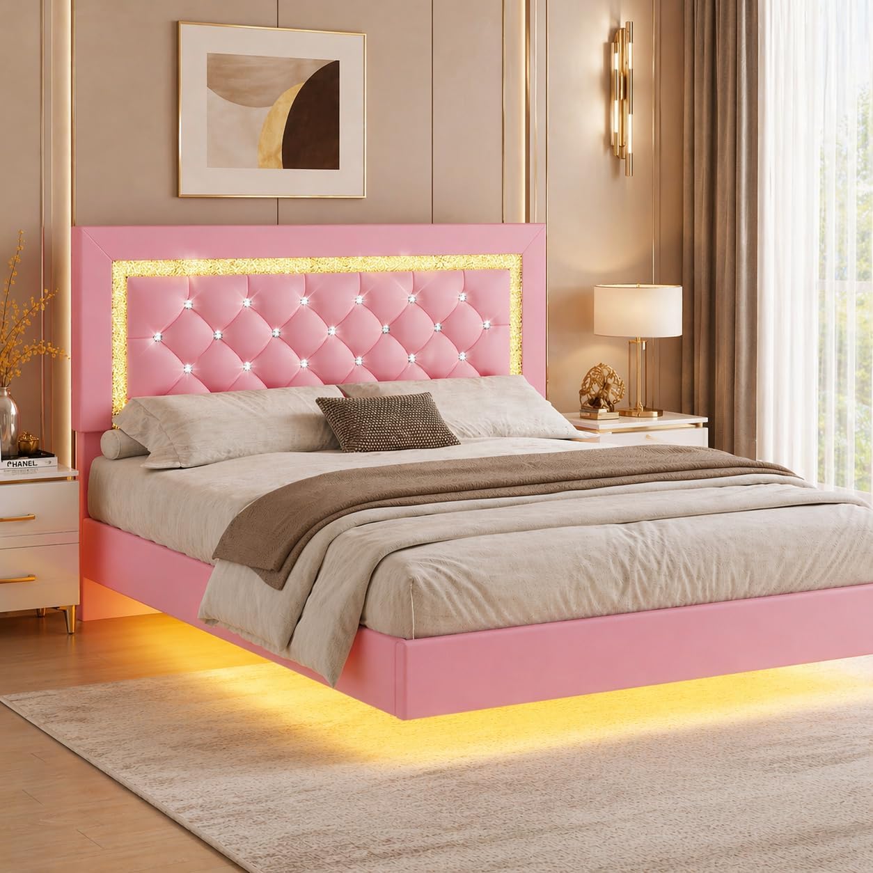 BarnFurin Floating Bed Frame Queen with LED Lights, Upholstered Bed Frame with Diamond Headboard, No Box Spring Needed, Noise Free, Easy Assembly, Pink