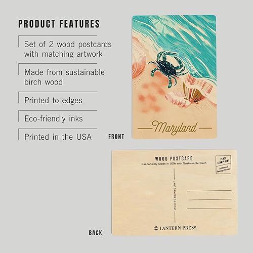 Miniatura 3 de Lantern Press Maryland, cangrejo azul y conchas (postales de madera de abedul de 4 x 6, paquete de 2 estacionarias, decoración rústica para pared