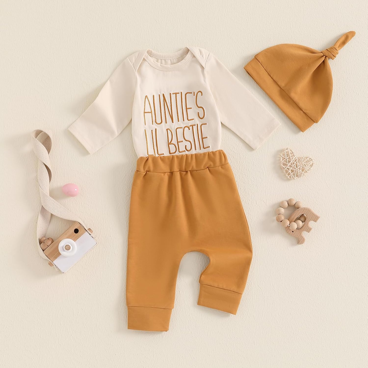 SAYOO Aunties Bestie Baby Clothes Gender Neutral Unisex Funny Letter Bodysuit Romper Solid Leggings Pants Hat 3Pcs Outfits - Image 3
