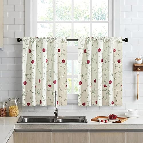 Miniatura 2 de VOGOL - Cenefa de cocina bordada con diseño floral para ventanas, cenefas de lino para sala de estar, cenefas de bolsillo para ventanas pequeñas,