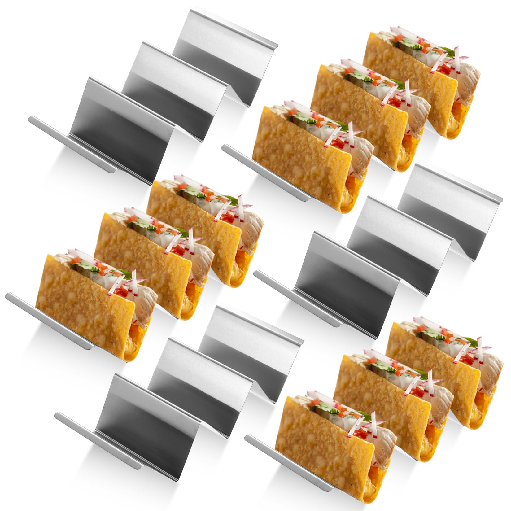 HAOCHEN 6 Pcs Soporte para Tacos, Soporte de Taco de Acero Inoxidable, Bandeja para Taco con Asas, para Hot Dogs, Tortillas, Sándwiches, Panqueques