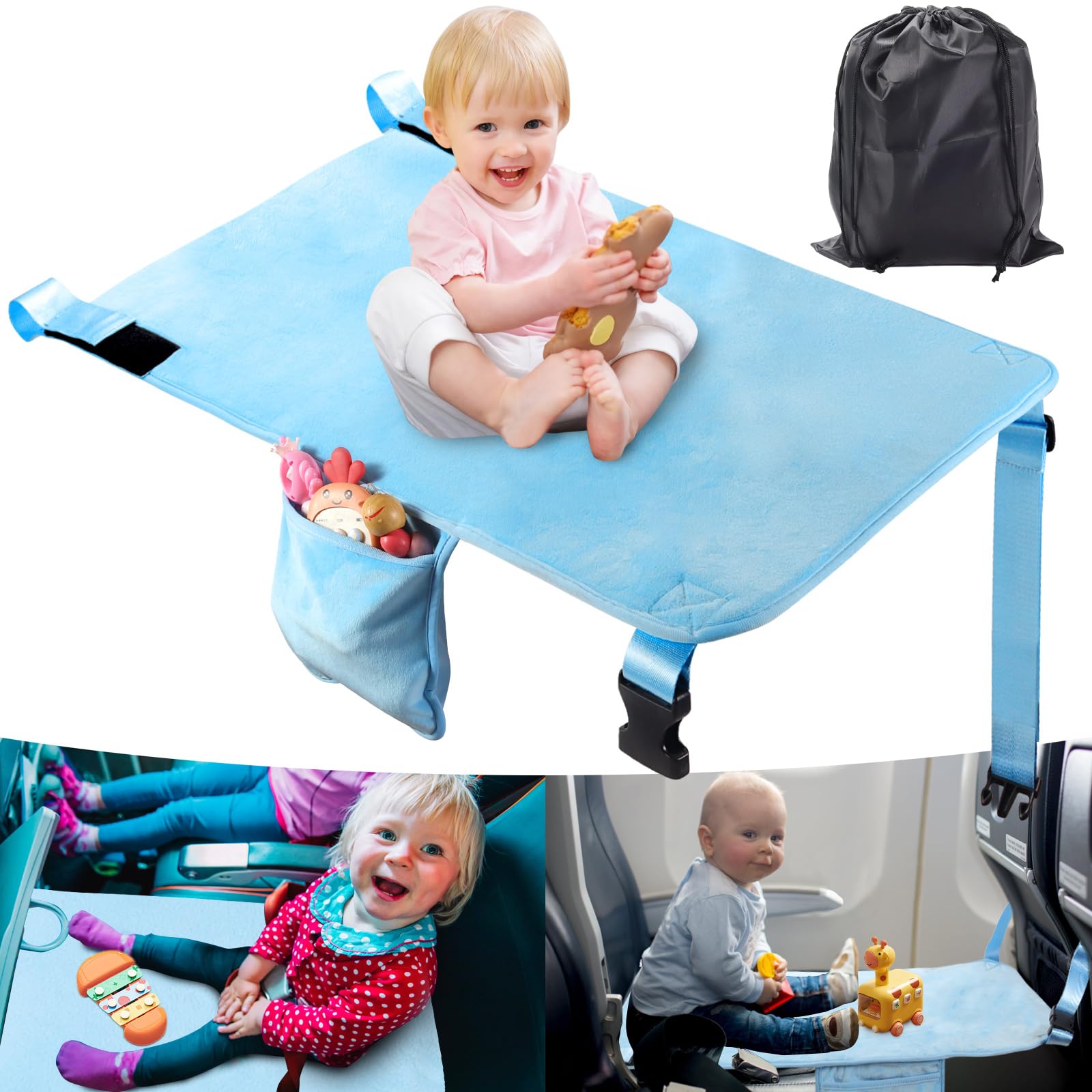 Toddler Airplane Bed, Portable Kids Airplane Seat Extender, Airplane Travel Essentials for Toddlers, Comfortable Footrest for Kids, Must-Have Toddler Travel Bed for Flights (Blue)