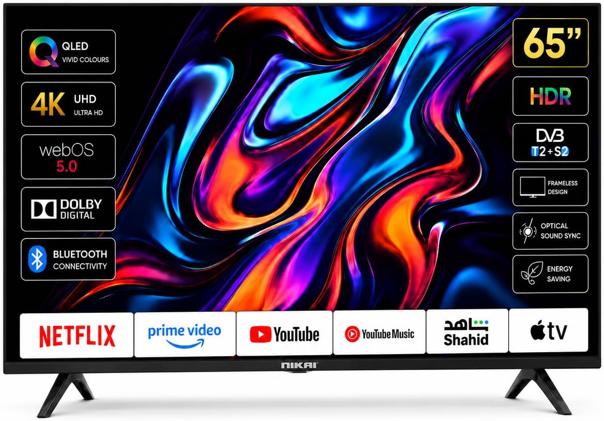 المثالي - تلفزيون ذكي QLED 65 بوصة بدقة 4K يعمل بنظام ويب او اس تحكم صوتي بدون استخدام اليدين، دولبي ديجيتال، واي فاي مدمج وبلوتوث، نطاق لوني عالي، واتصال سهل مع أجهزة اندرويد وابل من نيكاي، NIK65MEU4QLED - 4K 2026 - view 1