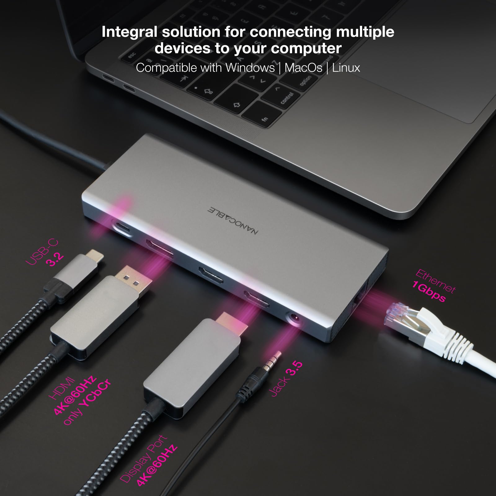 NANOCABLE 10.16.4612, koncentrator USB-C 12 w 1, konwerter USB-C 3.1 na 3 x USB-A 3.2 + USB-C 3.2 + USB-C PD + 2 x HDMI 4K @ 60 Hz + DP 4K przy 60 Hz + RJ45 1 Gb/s, TF, SD + Audio Jack 3.3.2 5