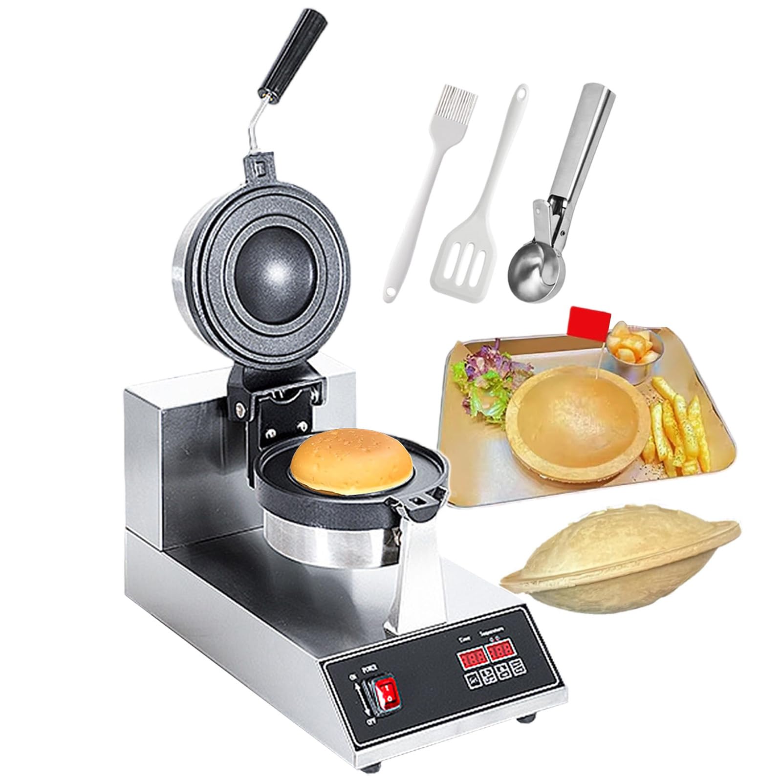 Waflera eléctrica para hamburguesas con rotación de 180°, placas antiadherentes, control digital de temperatura y temporizador, ideal para hamburguesas de comida y helados