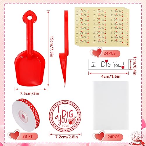 Miniatura 2 de Whaline Juego de palas de juguete para el día de San Valentín, 24 paquetes de palas de plástico con calcomanía I Dig You, bolsas de celofán