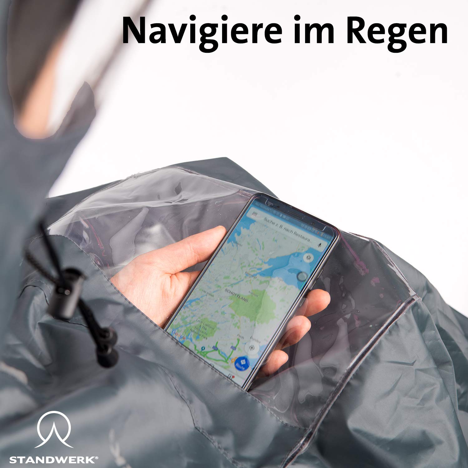STANDWERK - Poncho impermeable para senderismo con bolsillo transparente en el pecho, capucha, ventana de visión, chubasquero adecuado para hombre, mujer, con mochila, impermeable, exterior, innovador