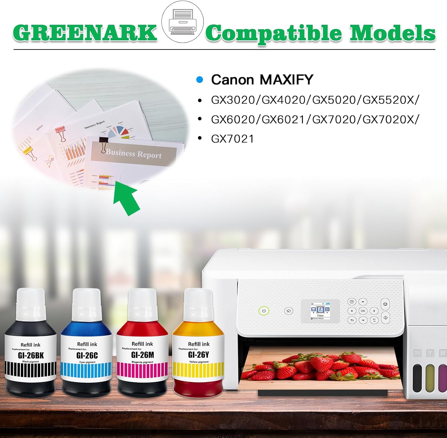GREENARK GI-26 GI26 Ink Compatible for Canon GI-26 Refill Bottle Ink Replacement for Canon MAXIFY GX3020 GX4020 GX5020 GX5520X GX6020 GX6021 GX7020 GX7020X GX7021 (4 Packs,Black Cyan Magenta Yellow)