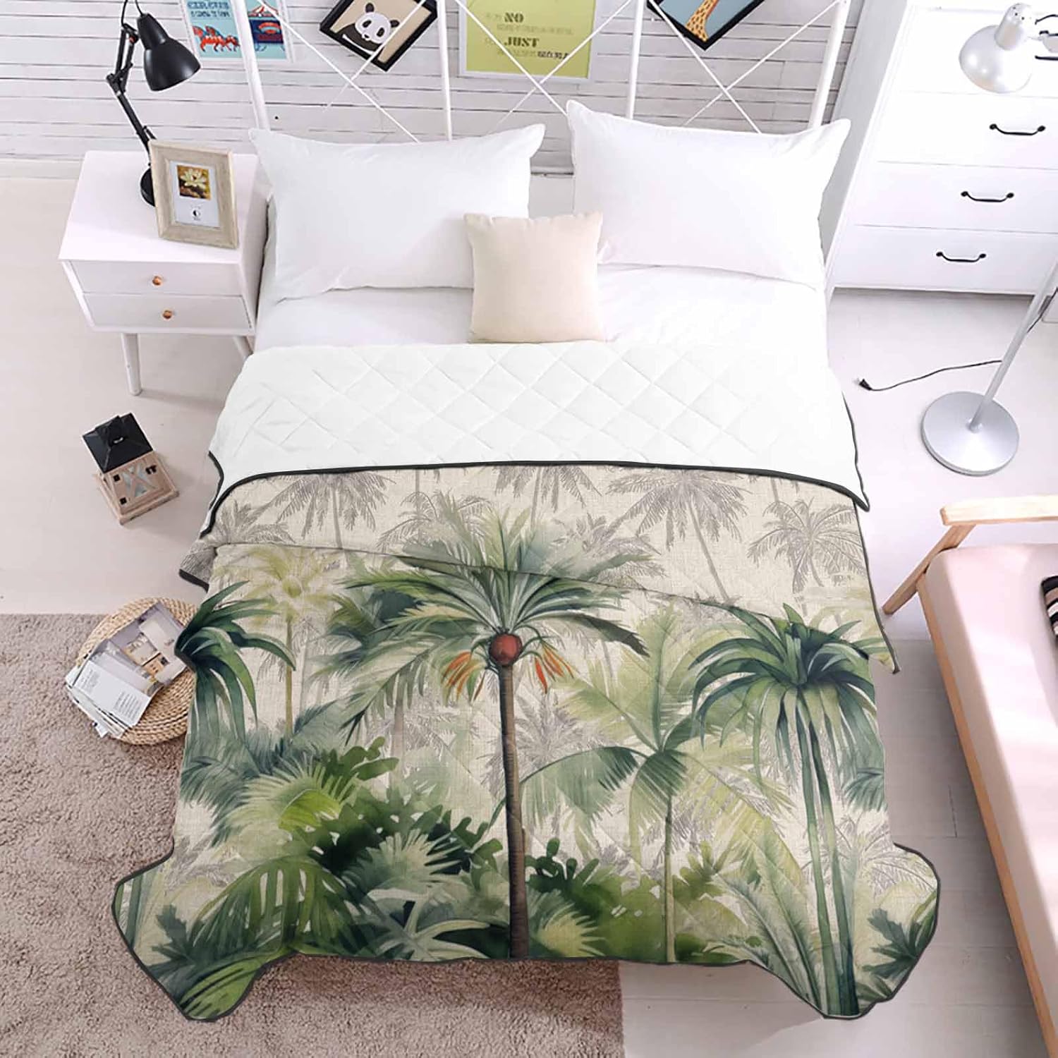 T&H XHome Quilt Queen Size Luxury Quilted Comforter Bedspread-Thin Soft Cozy, Summer Green and Grey Palm Tropical Plants Retro Linen Reversible Stitched Lightweight Quilt Coverlet for All Season
