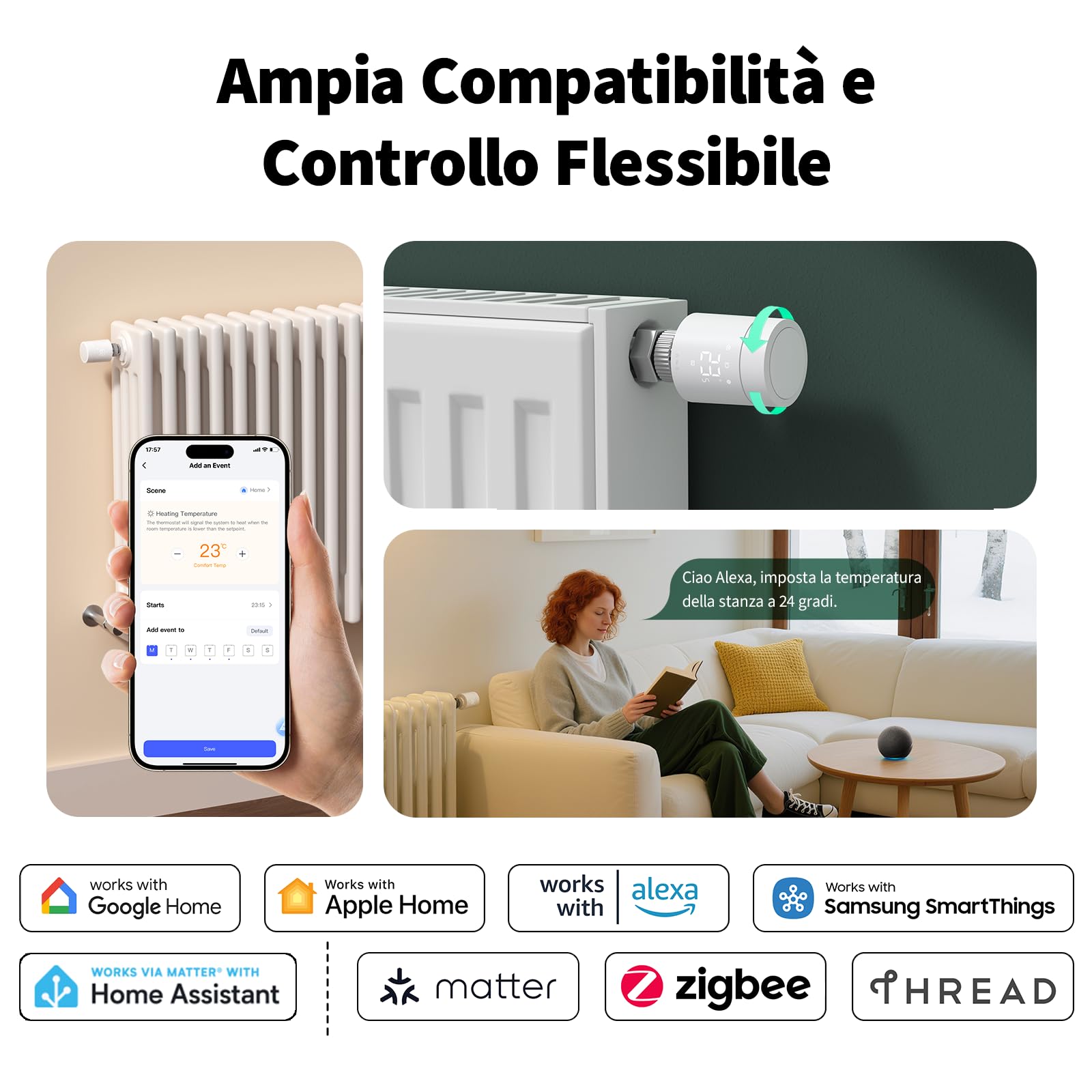 Aqara Termostato da Radiatore W600 Intelligente Thread/Zigbee, Valvola Termostatica Intelligente con Programmazione, Compatibile con Homekit, Home Assistant, Alexa, Google Home