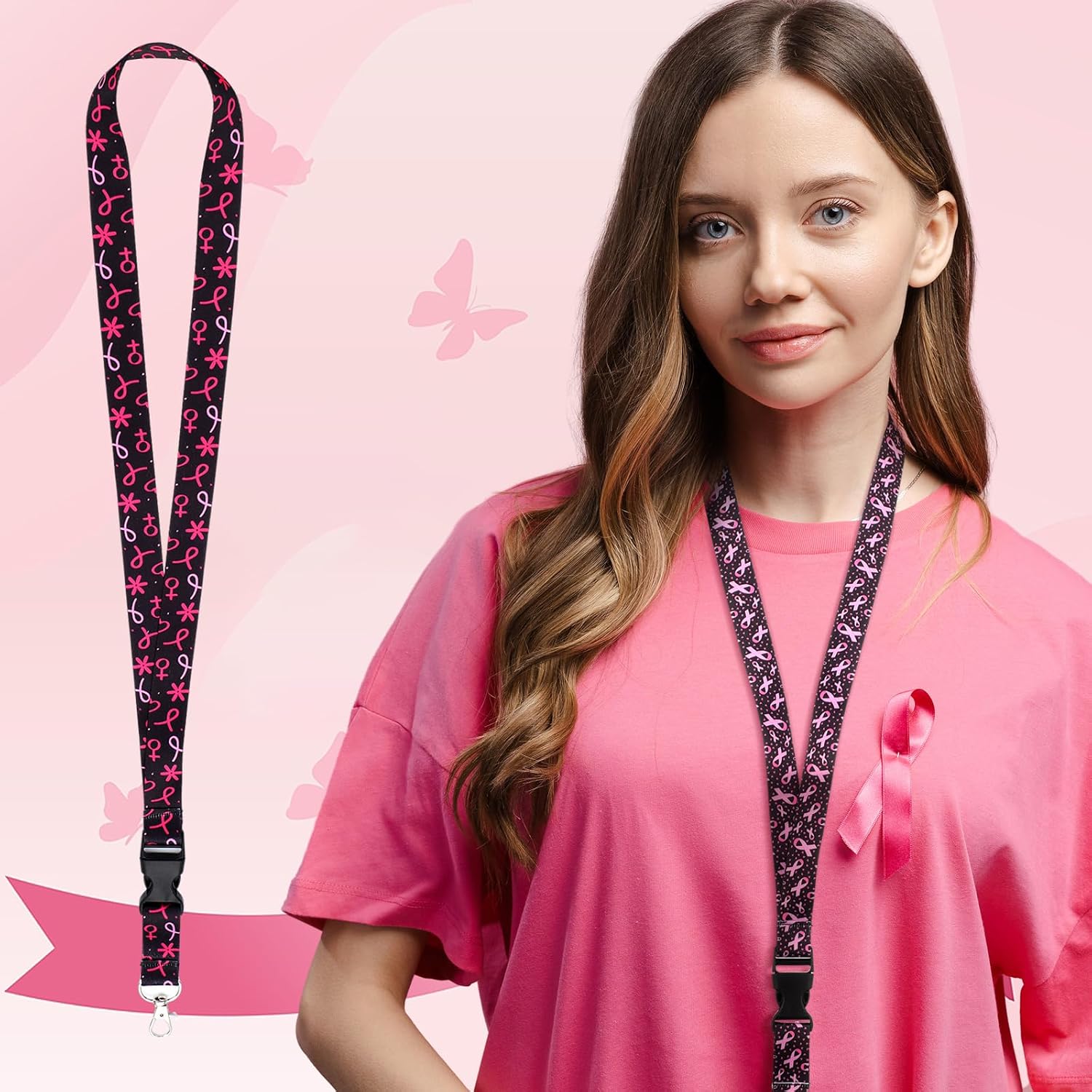 Ctosree 20 Pcs Silicone Lanyards Keychains Pink Ribbon Wrist Neck image 4