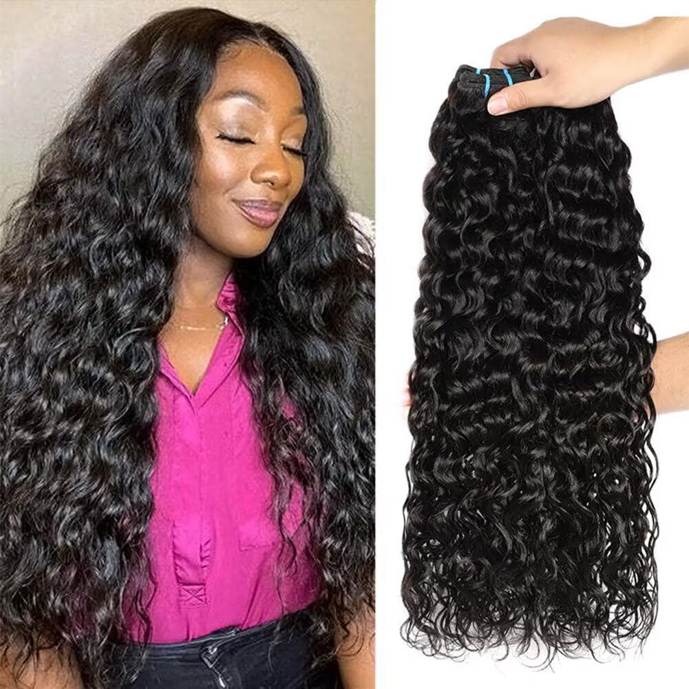 Zealady 100% Unprocessed Virgin Water Wave Human Hair Bundles, 3 Bundles (14 16 18), Wavy, Black, 95-105g/bundle, Medium Cap Size, WIG, Hair Extensions, Enhances Black Women's Natural Curls
