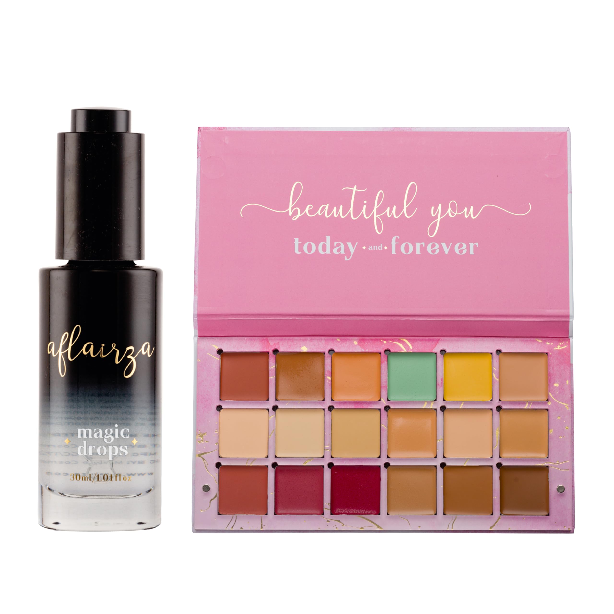 Aflairza Professional Magic Drop Primer 30ml & 18 Shades Face Makeup Palette Combo - Long Lasting Waterproof, Flawless Coverage with Foundation, Concealer, Contour, Blush (Clear, Pink)