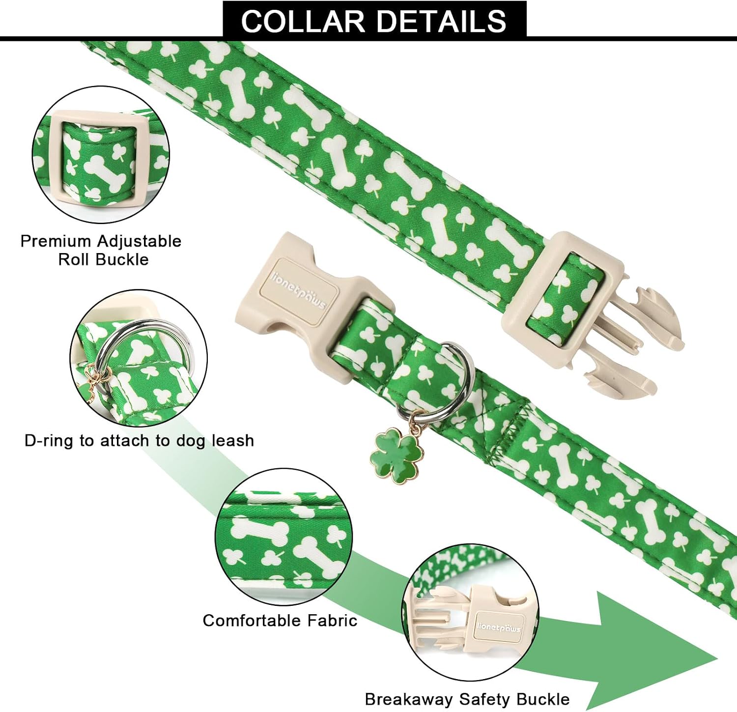 Lionet Paws St. Patrick Dog Collar- Cute Clover Bone Green Dog Collars with Plastic Buckle, Light Adjustable Dog Collars with Clover Pendant for Medium Dogs image 3