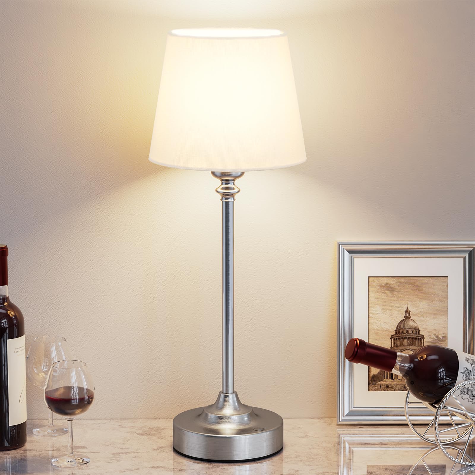 Kakanuo Cordless Table Lamp Rechargeable Silver - 1 Pack 4000mAH Battery Operated Lamp for Decor, 3000K Stepless Dimming Touch Control Wireless Lamp