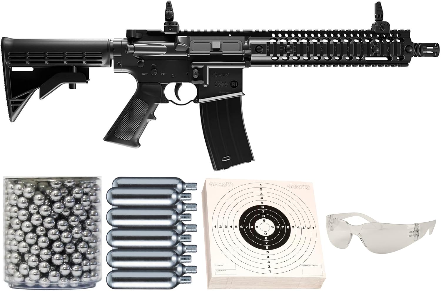 ArmyBoy Crosman CFAR1B Full Auto R1 BB Gun Bundle│CO2-Powered .177 Cal BB Air Rifle - 430 FPS / 1400 RPM │ Kit Includes: Gun + BBS + CO2 + Targets + Glasses + Wristband